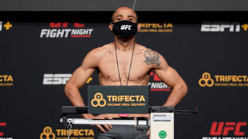 LAS VEGAS, NEVADA - DECEMBER 18: In this handout image provided by UFC, Jose Aldo of Brazil poses on the scale during the UFC Fight Night weigh-in at UFC APEX on December 18, 2020 in Las Vegas, Nevada. (Photo by Cooper Neill/Zuffa LLC via Getty Images)