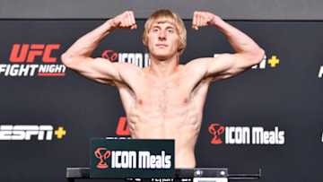 LAS VEGAS, NEVADA - SEPTEMBER 03: In this UFC handout, Paddy Pimblett of England poses on the scale during the UFC Fight Night weigh-in at UFC APEX on September 03, 2021 in Las Vegas, Nevada. (Photo by Chris Unger/Zuffa LLC/Getty Images)