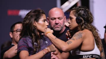 DALLAS, TEXAS - JULY 29: (L-R) Julianna Pena and Amanda Nunes of Brazil face off during the UFC 277 ceremonial weigh-in at American Airlines Center on July 29, 2022 in Dallas, Texas. (Photo by Carmen Mandato/Getty Images)