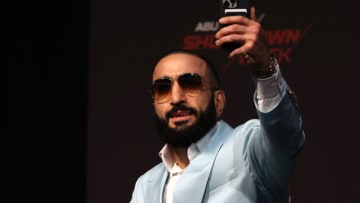 Belal Muhammad speaks during a presser ahead of the Ultimate Fighting Championship (UFC) event at the Etihad Arena in Abu Dhabi on October 20, 2022. (Photo by GIUSEPPE CACACE / AFP) (Photo by GIUSEPPE CACACE/AFP via Getty Images)