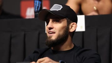 Islam Makhachev speaks during a presser ahead of the Ultimate Fighting Championship (UFC) event at the Etihad Arena in Abu Dhabi on October 20, 2022. - Makhachev will face Charles Oliveira for the vacant UFC Lightweight Championship on October 22. (Photo by Giuseppe CACACE / AFP) (Photo by GIUSEPPE CACACE/AFP via Getty Images)