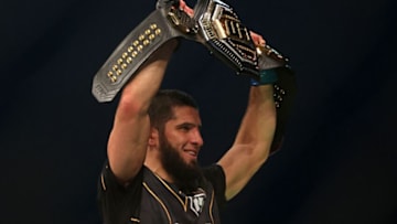Islam Makhachev reacts after defeating Charles Oliveira in the lightweight championship at the Ultimate Fighting Championship (UFC) event at the Etihad Arena in Abu Dhabi on October 22, 2022. (Photo by Giuseppe CACACE / AFP) (Photo by GIUSEPPE CACACE/AFP via Getty Images)