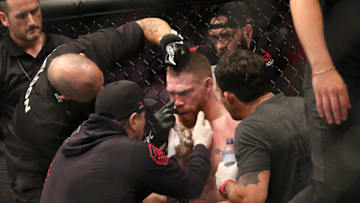 Feb 22, 2020; Auckland, New Zealand; Paul Felder is looked at between rounds during UFC Fight Night Auckland at Spark Arena. Mandatory Credit: Jasmin Frank-USA TODAY Sports