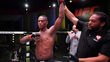 May 30, 2020; Las Vegas, NV, USA; Jamahal Hill (red gloves) reacts after his knockout victory over Klidson Abreu (not pictured) in their light heavyweight fight during UFC Fight Night. Mandatory Credit: Jeff Bottari/Zuffa via USA TODAY Sports