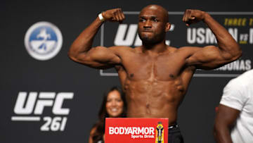 Apr 23, 2021; Jacksonville, Florida, USA; Kamaru Usman flexes during weigh-ins for UFC 261 at VyStar Veterans Memorial Arena. Mandatory Credit: Jasen Vinlove-USA TODAY Sports