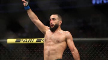 Jun 12, 2021; Glendale, Arizona, USA; Belal Muhammad reacts following his match against Demian Maia during UFC 263 at Gila River Arena. Mandatory Credit: Mark J. Rebilas-USA TODAY Sports