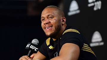 Jan 22, 2022; Anaheim, California, USA; Ciryl Gane speaks with media following UFC 270 at Honda Center. Mandatory Credit: Gary A. Vasquez-USA TODAY Sports