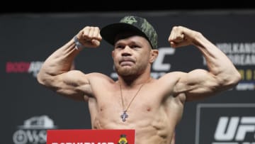 Apr 8, 2022; Jacksonville, FL, USA; Petr Yan on the scale during weigh ins for UFC 273 at VyStar Veterans Memorial Stadium. Mandatory Credit: David Yeazell-USA TODAY Sports