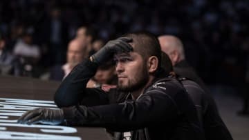 Oct 22, 2022; Abu Dhabi, UAE; Khabib Nurmagomedov is seen during the fight between Abubakar Nurmagomedov (red gloves) and Gadzhi Omargadzhiev (blue gloves) during UFC 280 at Etihad Arena. Mandatory Credit: Craig Kidwell-USA TODAY Sports
