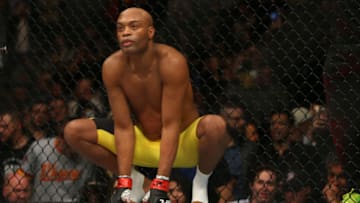 Feb 11, 2017; Brooklyn, NY, USA; Anderson Silva (red gloves) moments before his fight against Derek Brunson (blue gloves) (not pictured) during UFC 208 at Barclays Center. Mandatory Credit: Ed Mulholland-USA TODAY Sports