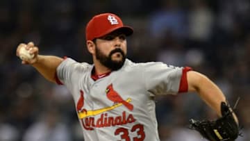 Aug 21, 2015; San Diego, CA, USA; St. Louis Cardinals relief pitcher Carlos Villanueva (33) pitches during the eighth inning against the San Diego Padres at Petco Park. Mandatory Credit: Jake Roth-USA TODAY Sports