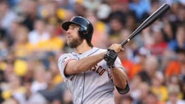 Aug 21, 2015; Pittsburgh, PA, USA; San Francisco Giants starting pitcher Madison Bumgarner (40) hits a two run home run against the Pittsburgh Pirates during the second inning at PNC Park. Mandatory Credit: Charles LeClaire-USA TODAY Sports