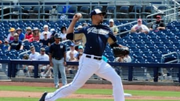 Apr 2, 2015; Peoria, AZ, USA; San Diego Padres starting pitcher Tyson Ross (38) throws during the first inning against the Milwaukee Brewers at Peoria Sports Complex. Mandatory Credit: Matt Kartozian-USA TODAY Sports