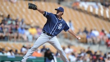 Mar 23, 2016; Phoenix, AZ, USA; San Diego Padres starting pitcher Drew Pomeranz (13) pitches during the first inning against the Chicago White Sox at Camelback Ranch. Mandatory Credit: Joe Camporeale-USA TODAY Sports