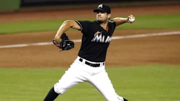 Sep 27, 2015; Miami, FL, USA; Miami Marlins relief pitcher Brad Hand throws the ball in the eighth inning of a game against the Atlanta Braves at Marlins Park. The Marlins won 9-5. Mandatory Credit: Robert Mayer-USA TODAY Sports