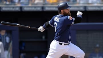 Mar 29, 2016; Peoria, AZ, USA; San Diego Padres catcher Derek Norris (3) singles during the third inning against the Los Angeles Dodgers at Peoria Sports Complex. Mandatory Credit: Jake Roth-USA TODAY Sports
