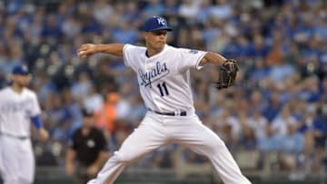 Sep 22, 2015; Kansas City, MO, USA; Kansas City Royals starting pitcher Jeremy Guthrie (11) delivers a pitch in the first inning against the Seattle Mariners at Kauffman Stadium. Mandatory Credit: Denny Medley-USA TODAY Sports