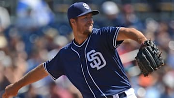 Mar 19, 2016; Peoria, AZ, USA; San Diego Padres starting pitcher Colin Rea (29) pitches during the second inning against the Colorado Rockies at Peoria Sports Complex. Mandatory Credit: Joe Camporeale-USA TODAY Sports