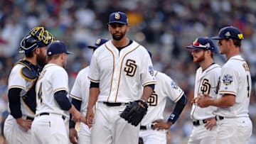 Apr 4, 2016; San Diego, CA, USA; San Diego Padres starting pitcher Tyson Ross (38) reacts as he is taken out of the game during the sixth inning against the Los Angeles Dodgers at Petco Park. Mandatory Credit: Jake Roth-USA TODAY Sports
