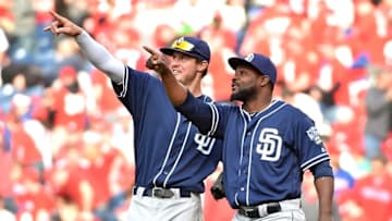 Apr 11, 2016; Philadelphia, PA, USA; San Diego Padres first baseman Wil Myers (4) and relief pitcher Fernando Rodney (56) celebrate the final out against the Philadelphia Phillies on Opening Day at Citizens Bank Park. The Padres defeated the Phillies, 4-3. Mandatory Credit: Eric Hartline-USA TODAY Sports