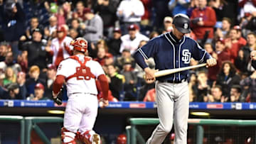Apr 13, 2016; Philadelphia, PA, USA; San Diego Padres first baseman Wil Myers (4) walks back to the dugout after striking out during the eighth inning against the Philadelphia Phillies at Citizens Bank Park. The Phillies defeated the Padres, 2-1. Mandatory Credit: Eric Hartline-USA TODAY Sports