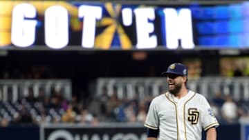 May 2, 2016; San Diego, CA, USA; San Diego Padres starting pitcher James Shields (33) reacts after the top of the fifth inning against the Colorado Rockies at Petco Park. Mandatory Credit: Jake Roth-USA TODAY Sports
