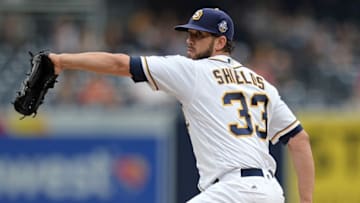May 19, 2016; San Diego, CA, USA; San Diego Padres starting pitcher James Shields (33) pitches during the first inning against the San Francisco Giants at Petco Park. Mandatory Credit: Jake Roth-USA TODAY Sports