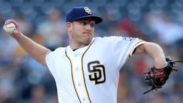 Jun 16, 2016; San Diego, CA, USA; San Diego Padres starting pitcher Erik Johnson (50) pitches during the first inning against the Washington Nationals at Petco Park. Mandatory Credit: Jake Roth-USA TODAY Sports