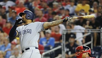 Jul 22, 2016; Washington, DC, USA; San Diego Padres right fielder Matt Kemp (27) hits a three run homer against the Washington Nationals during the fifth inning at Nationals Park. Mandatory Credit: Brad Mills-USA TODAY Sports