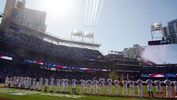 Jul 12, 2016; San Diego, CA, USA; A general view as the U.S. Air Force Thunderbirds perform a flyover before the 2016 MLB All Star Game at Petco Park. Mandatory Credit: Kirby Lee-USA TODAY Sports