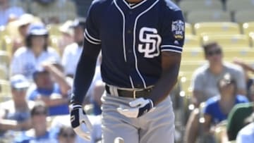Jul 10, 2016; Los Angeles, CA, USA; San Diego Padres left fielder Melvin Upton Jr. (2) walks to first during the ninth inning against the Los Angeles Dodgers at Dodger Stadium. Mandatory Credit: Richard Mackson-USA TODAY Sports