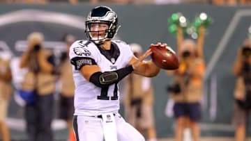 Sep 3, 2015; East Rutherford, NJ, USA; Philadelphia Eagles quarterback Tim Tebow (11) drops back to pass against the New York Jets during the second quarter of a preseason game at MetLife Stadium. Mandatory Credit: Brad Penner-USA TODAY Sports
