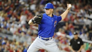 Jun 13, 2016; Washington, DC, USA; Chicago Cubs relief pitcher Clayton Richard (33) throws to the Washington Nationals during the eighth inning at Nationals Park. The Washington Nationals won 4-1. Mandatory Credit: Brad Mills-USA TODAY Sports