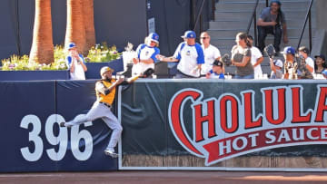 Jul 10, 2016; San Diego, CA, USA; World center fielder Manuel Margot robs USA catcher Carson Kelly of a home run in the sixth inning during the All Star Game futures game at PetCo Park. Mandatory Credit: Jake Roth-USA TODAY Sports