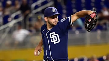 Aug 26, 2016; Miami, FL, USA; San Diego Padres starting pitcher Jarred Cosart (55) throws during the first inning against the Miami Marlins at Marlins Park. Mandatory Credit: Steve Mitchell-USA TODAY Sports