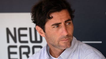 Jun 3, 2015; San Diego, CA, USA; San Diego Padres general manager A.J. Preller looks on from the dugout before the game against the New York Mets at Petco Park. Mandatory Credit: Jake Roth-USA TODAY Sports