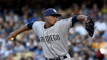 Sep 3, 2016; Los Angeles, CA, USA; San Diego Padres starting pitcher Luis Perdomo (61) in the third inning of the game against the Los Angeles Dodgers at Dodger Stadium. Mandatory Credit: Jayne Kamin-Oncea-USA TODAY Sports