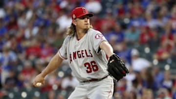 Sep 21, 2016; Arlington, TX, USA; Los Angeles Angels starting pitcher Jered Weaver (36) throws during the first inning against the Texas Rangers at Globe Life Park in Arlington. Mandatory Credit: Kevin Jairaj-USA TODAY Sports