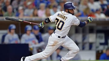 Sep 28, 2016; San Diego, CA, USA; San Diego Padres center fielder Manuel Margot (70) doubles during the fourth inning against the Los Angeles Dodgers at Petco Park. Mandatory Credit: Jake Roth-USA TODAY Sports
