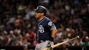 Sep 30, 2016; Phoenix, AZ, USA; San Diego Padres third baseman Yangervis Solarte (26) reacts after grounding out to the catcher in the third inning against the Arizona Diamondbacks at Chase Field. Mandatory Credit: Matt Kartozian-USA TODAY Sports