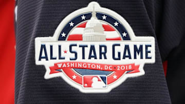 WASHINGTON, DC - JULY 16: A detail view of the All-Star Game logo on a players sleeve is seen during Gatorade All-Star Workout Day at Nationals Park on July 16, 2018 in Washington, DC. (Photo by Patrick Smith/Getty Images)