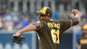 SAN DIEGO, CA - JULY 27: Luis Perdomo #61 of the San Diego Padres pitches during the first inning of a baseball game against the Arizona Diamondbacks PETCO Park on July 27, 2018 in San Diego, California. (Photo by Denis Poroy/Getty Images)