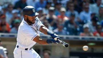 SAN DIEGO, CA - JULY 31: Manuel Margot #7 of the San Diego Padres hits an RBI fielder's choice during the eighth inning of a baseball game against the San Francisco Giants PETCO Park on July 31, 2018 in San Diego, California. (Photo by Denis Poroy/Getty Images)