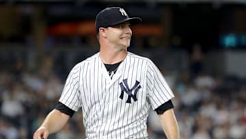 NEW YORK, NY - AUGUST 15: Sonny Gray #55 of the New York Yankees walks back to the dugout after the fifth inning against the Tampa Bay Rays at Yankee Stadium on August 15, 2018 in the Bronx borough of New York City. (Photo by Elsa/Getty Images)