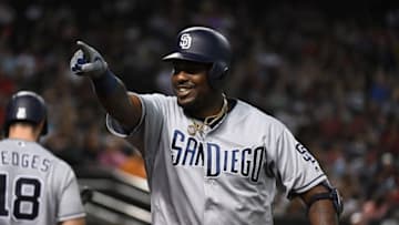PHOENIX, AZ - SEPTEMBER 03: Franmil Reyes #32 of the San Diego Padres gestures to the stands after hitting a solo home run during the fourth inning against the Arizona Diamondbacks at Chase Field on September 3, 2018 in Phoenix, Arizona. It was Reyes's second home run of the game. (Photo by Norm Hall/Getty Images)