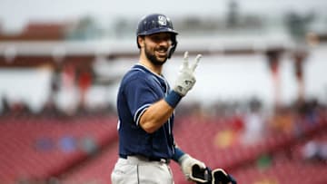 CINCINNATI, OH - SEPTEMBER 08: Aaron Hedges #18 of the San Diego Padres celebrates after hitting a triple in the fourth inning at Great American Ball Park on September 8, 2018 in Cincinnati, Ohio. (Photo by Justin Casterline/Getty Images)