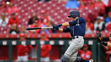 CINCINNATI, OH - SEPTEMBER 9: Luis Urias #9 of the San Diego Padres hits a two-run home run in the fourth inning against the Cincinnati Reds at Great American Ball Park on September 9, 2018 in Cincinnati, Ohio. (Photo by Jamie Sabau/Getty Images)