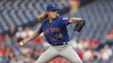 PHILADELPHIA, PA - SEPTEMBER 19: Noah Syndergaard #34 of the New York Mets throws a pitch in the bottom of the first inning against the Philadelphia Phillies at Citizens Bank Park on September 19, 2018 in Philadelphia, Pennsylvania. (Photo by Mitchell Leff/Getty Images)