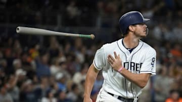 SAN DIEGO, CA - SEPTEMBER 19: Wil Myers #4 of the San Diego Padres hits a two-run home run during the second inning of a baseball game against the San Francisco Giants at PETCO Park on September 19, 2018 in San Diego, California. (Photo by Denis Poroy/Getty Images)