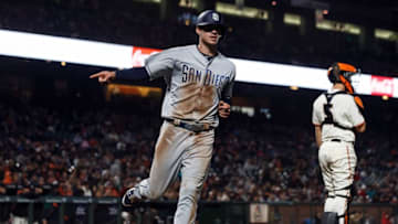 SAN FRANCISCO, CA - SEPTEMBER 24: Wil Myers #4 of the San Diego Padres celebrates after scoring a run against the San Francisco Giants during the sixth inning at AT&T Park on September 24, 2018 in San Francisco, California. The San Diego Padres defeated the San Francisco Giants 5-0. (Photo by Jason O. Watson/Getty Images)